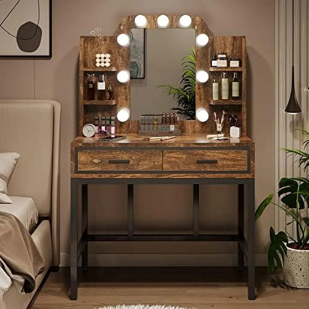 TQJKLFDY Vanity Desk with Mirror & Lights   Vanity Table with 9 LED Lights 2 Drawers and 4  Shelves  Vintage Vanity Set  Table for Bedroom  Rustic Brown