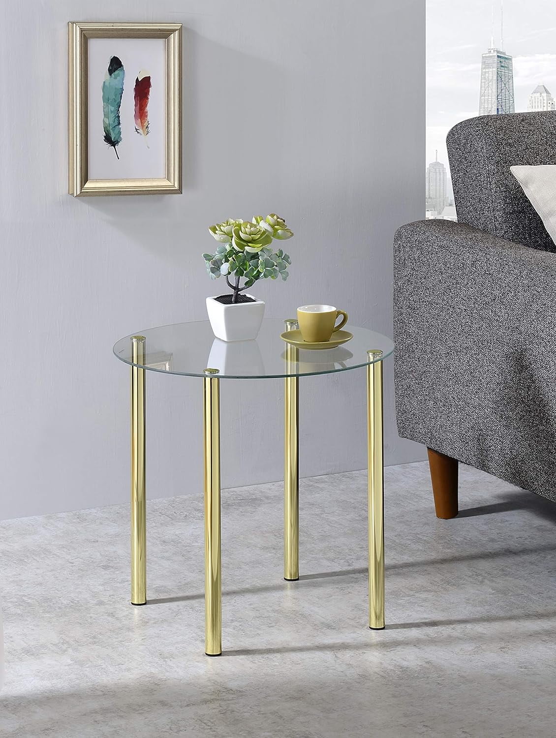 Milnai Round Side End Accent Table, Metal/Glass
