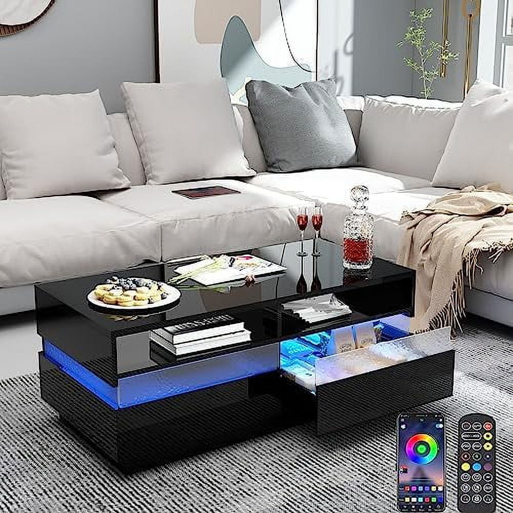 xrboomlife Modern High Glossy LED Coffee Table w/ 2  Drawers Open Display  2-Tier Black Coffee Table w/60000-colo APP Control Rectangle Center Table for Living Room