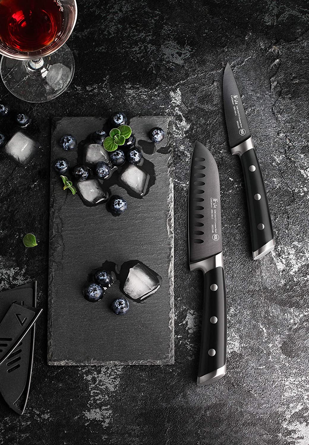 Cangshan S+ Series German Steel Forged 2-Piece Titanium Coated Santoku Starter Knife Set with Sheaths, Noir Black