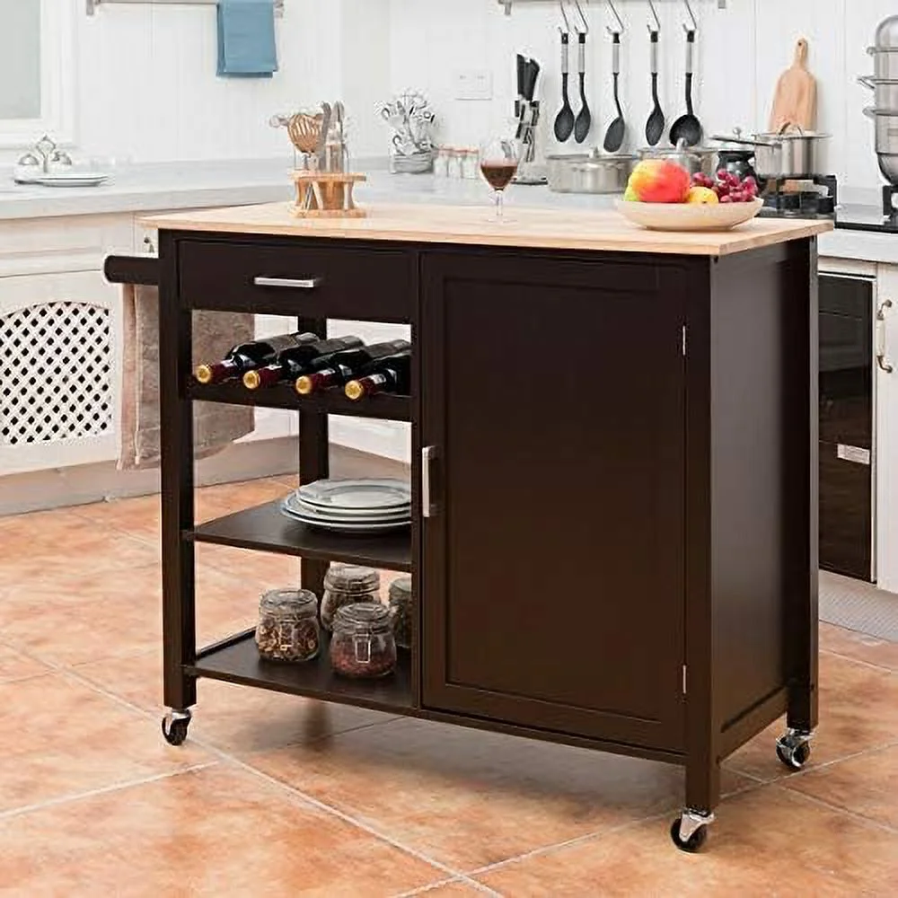HYHBIBOOM Rolling Kitchen Trolley Cart  Utility Kitchen Cart with Rubber Wood Top  Towel Rack and Lockable Wheels  Rolling Kitchen Island Cart Trolley  Cabinet Towel Rack Drawer Shelves