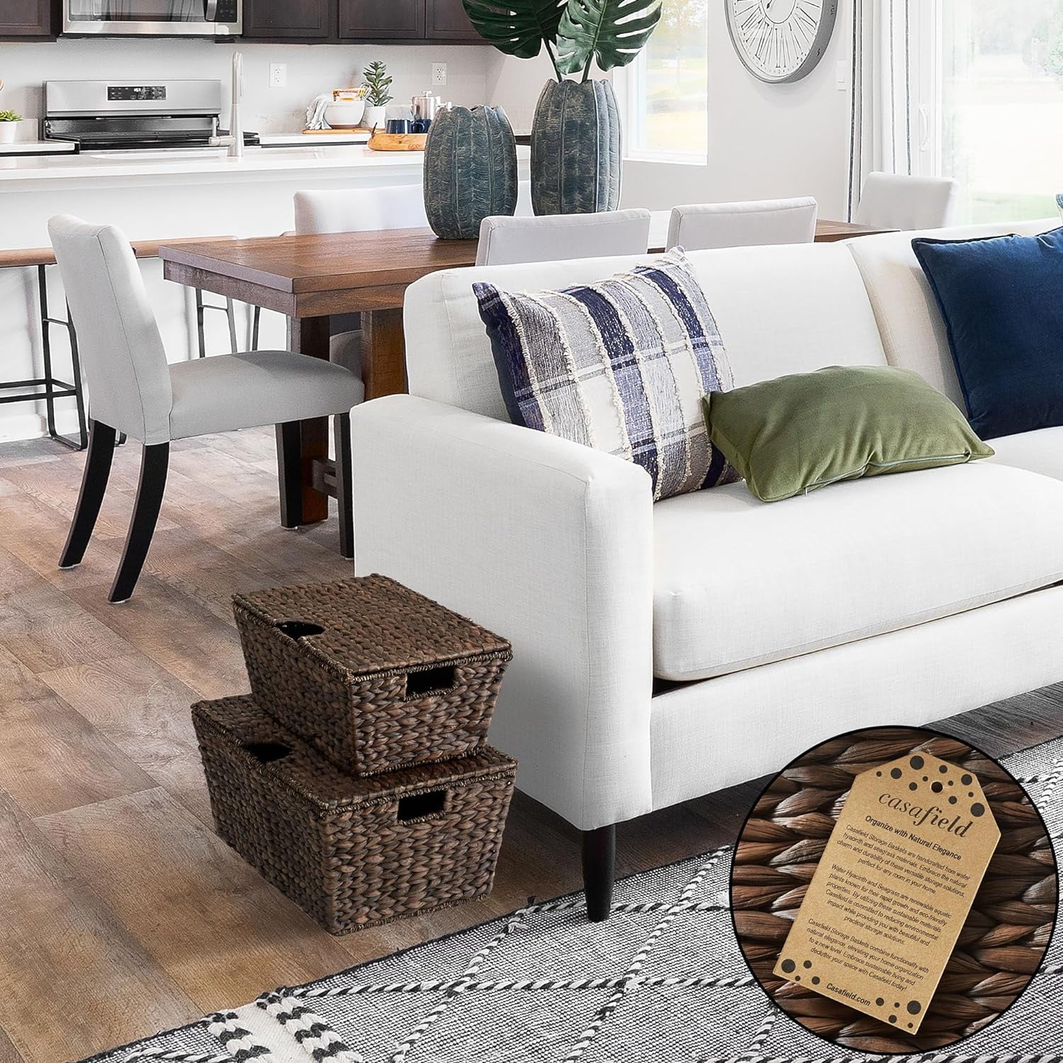 Set Of 2 Water Hyacinth Storage Baskets With Tapered Bottoms And Lids (Medium/Large), Multipurpose Organizers For Bedroom, Bathroom, Laundry, Home Office