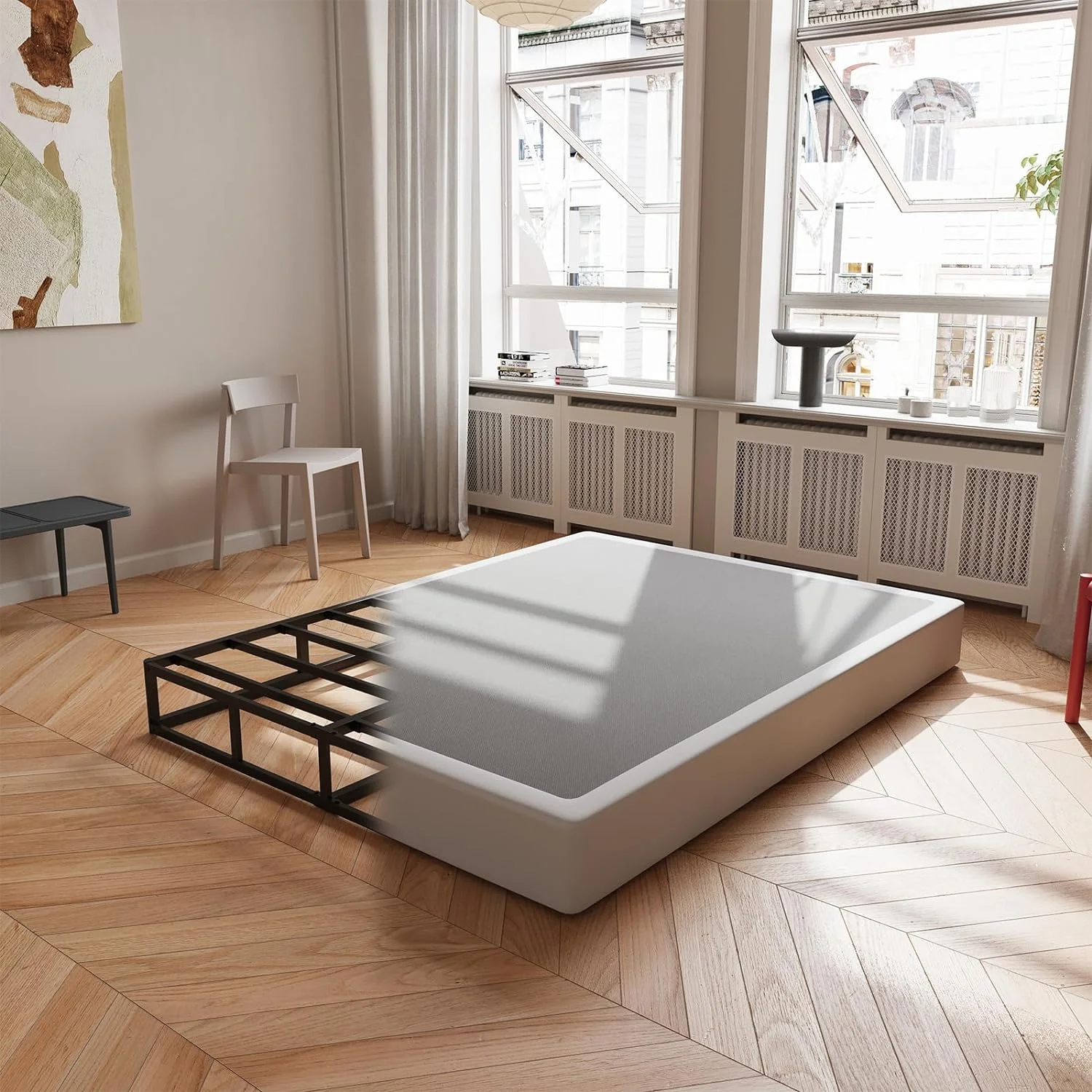 YILAN Full Size Box Spring，5 Inch Low Profile Metal Boxspring with Non-Slip Fabric Bed Cover, Sturdy Heavy Duty Steel Structure Bed Base, Noise-Free Mattress Foundation, Easy Assembly，Black