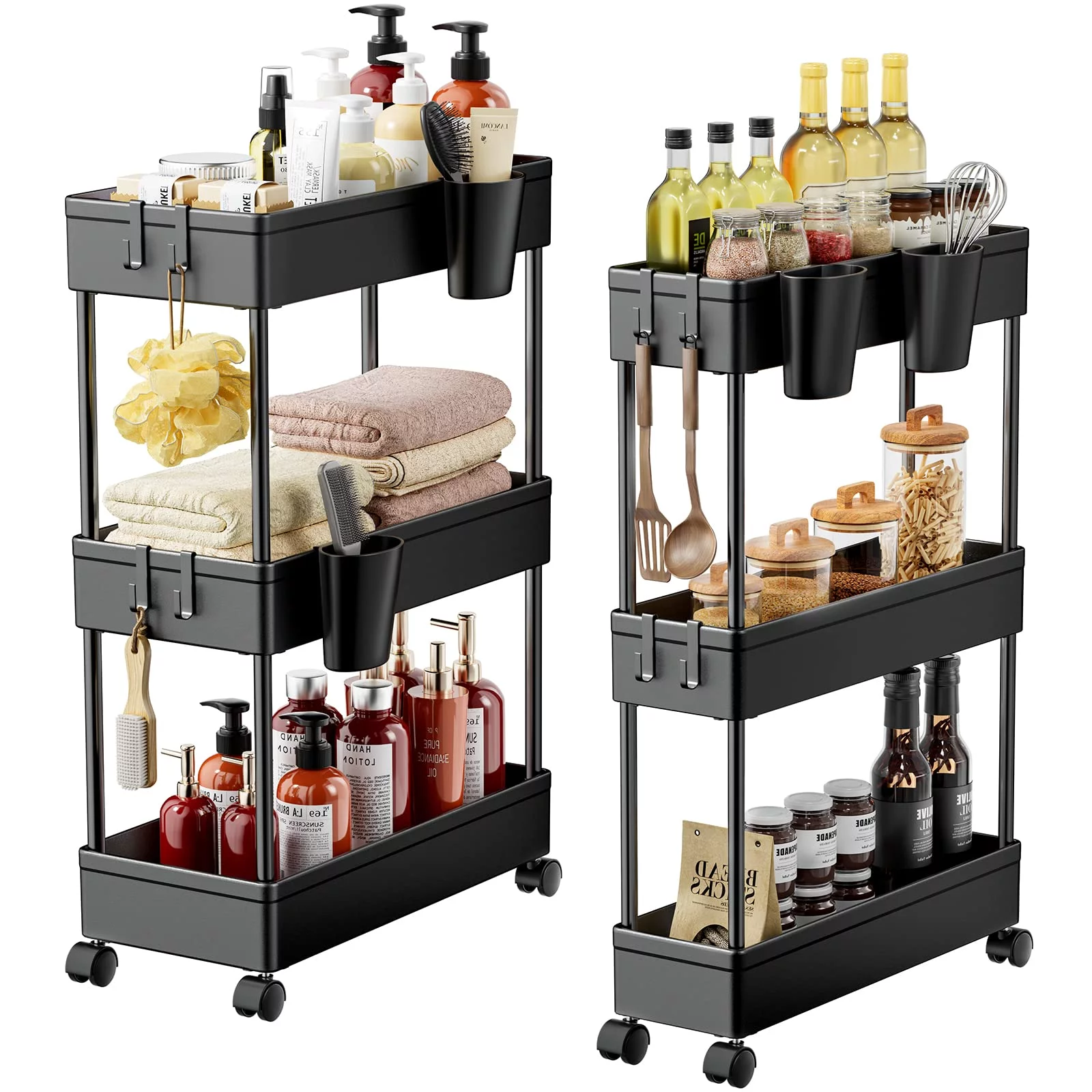 2 Pack 3 Tier Removable Slim Storage Rolling Cart Bathroom Organizer with Hanging Cups & Hooks for Home Bathroom, Kitchen（Black）