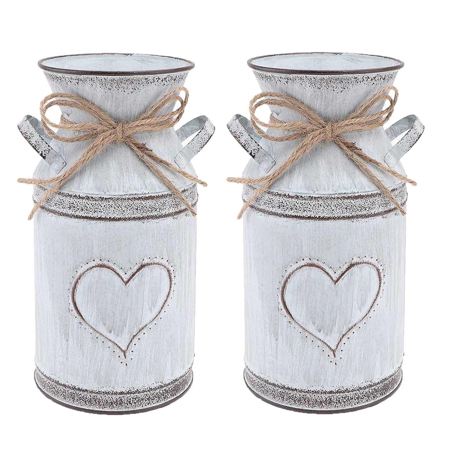 qolami 2Pcs Heart Shaped Flower Pot, Galvanized Sheet Big Mouth Flower Bucket Plant Vase Holder Flower Arrangement Decoration with Handles Hemp Rope
