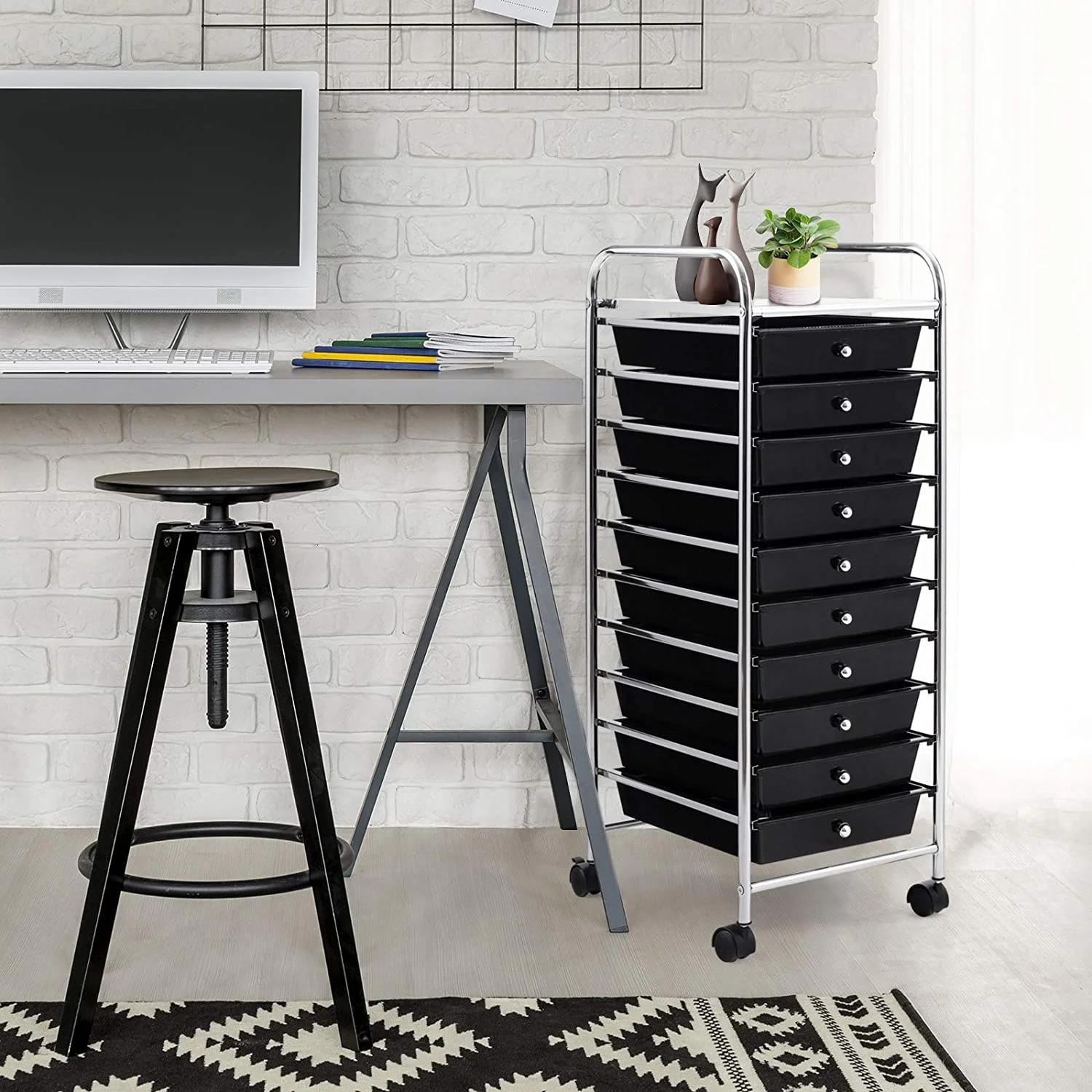 U-ToBe Rolling Drawer Cart with 10 Drawers, Utility Storage Organizer Cart with Wheels and Metal Frame, Art Cart for Office, School, Home, Black