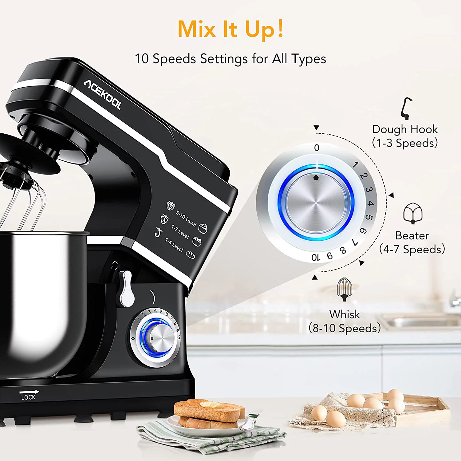 Stand Mixer, 7.5QT 660W Electric Dough Mixer, Kitchen 10-Speed Tilt-Head Food Mixer for Baking&Cake, with Stainless Steel Bowl, Whisk, Dough Hook, Beater, Splash Guard(RED) MC1