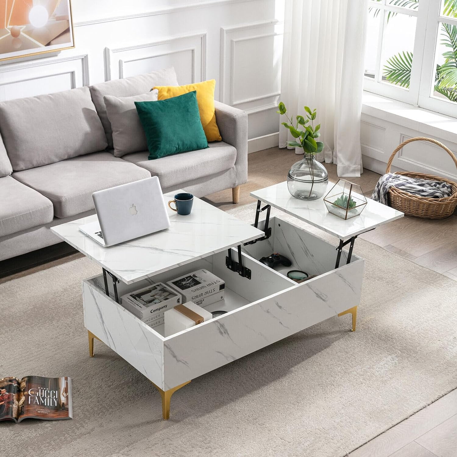 FDIGLUL 43" White Marble Lift Top Coffee Table for Living Room  Modern Extendable Pull Up Center Table with   Small Rectangle Cocktail Table  Reception Table