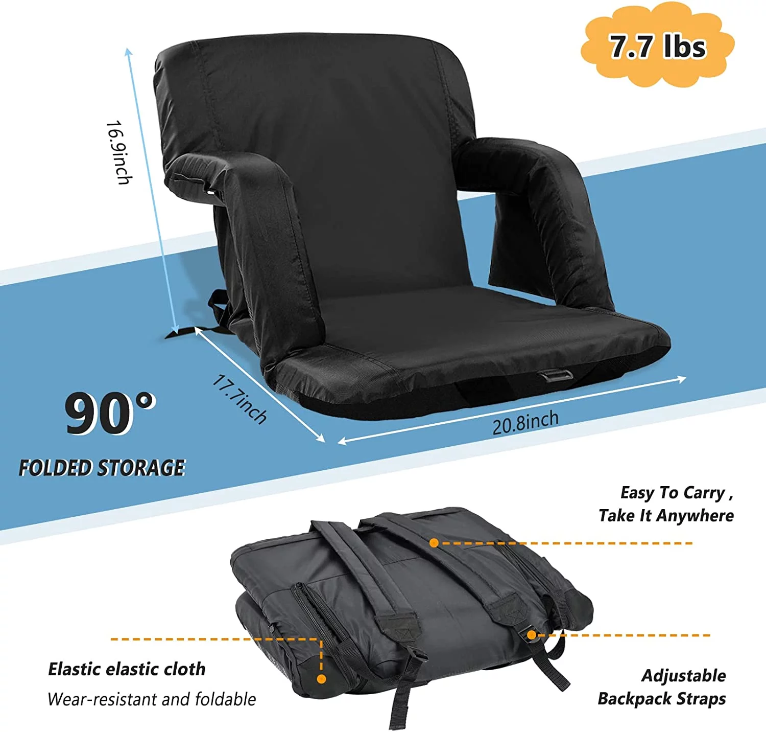 Lilypelle Stadium Seats for Bleachers with Back Support, 6 Reclining Positions Bleacher Seats with Cushion 20.5in Wide,1 Pack Bleacher Chairs ,Black