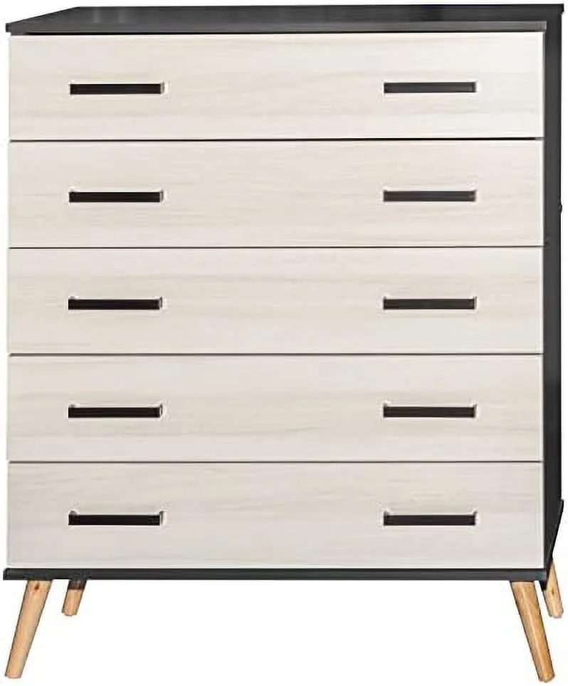 YFbiubiulife Eli Mid-Century Modern 5 Drawer Chest in White & Natural Oak