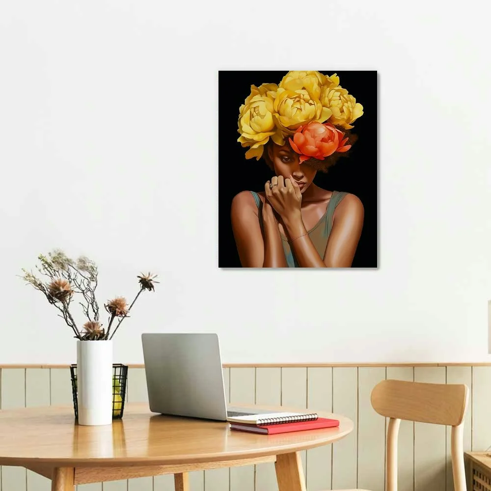 COMIO African American Wall Art Yellow Flower on Black Women Head Vintage Canvas Art Paintings Modern Abstract Girl Picture Home Wall Decor for Bedroom Living Room, Framed Ready to Hang