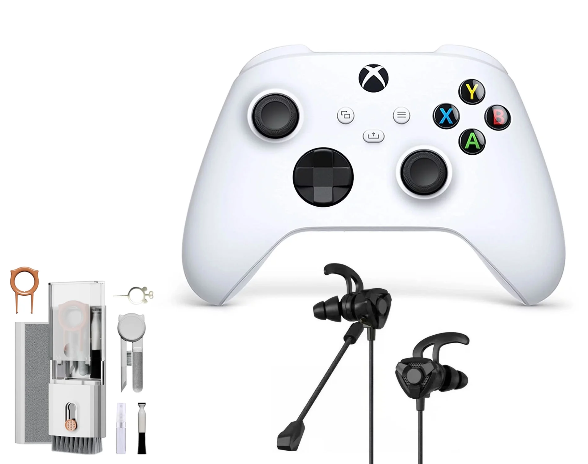 Microsoft Xbox Wireless Robot White Controller for Xbox Console With Black Gaming Buds + Cleaning Kit BOLT AXTION Bundle Like New
