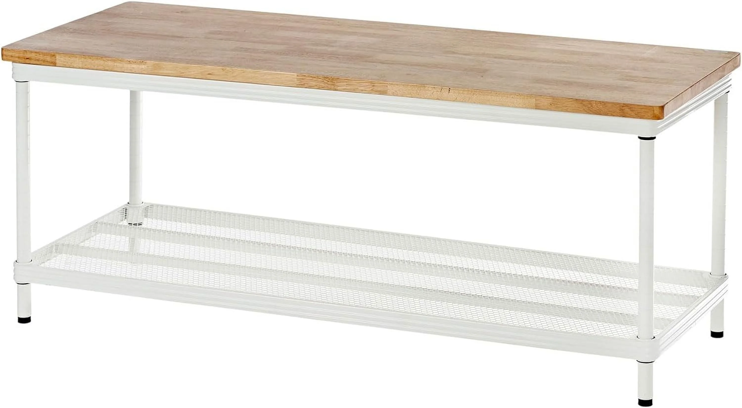 Meshworks 2 Tier Wood Top Metal Storage Shelving Unit Rack For Kitchen, Office, And Garage Organization, 47.2” X 17.7” X 17.7,” White