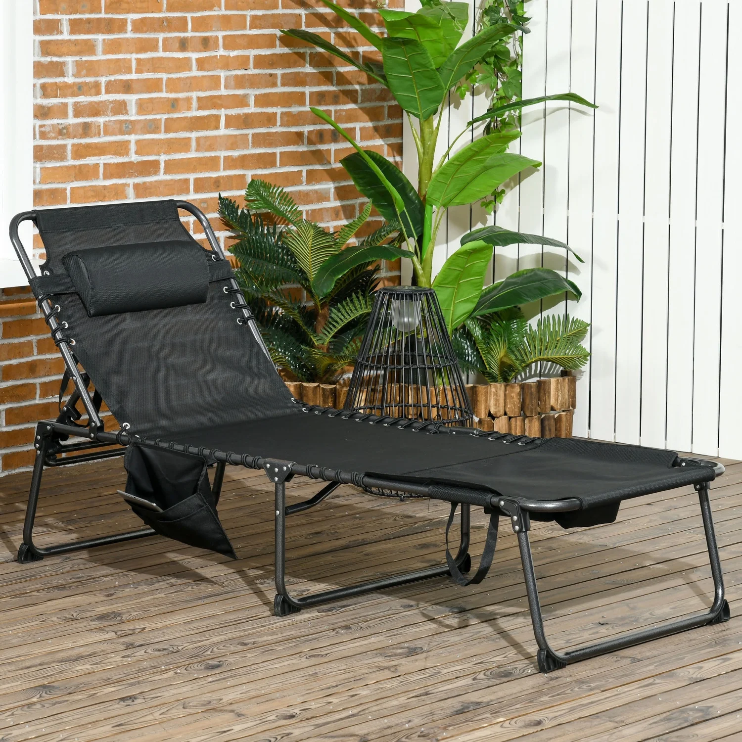DremFaryoyo Folding Chaise Lounge with 5-level Reclining Back  Outdoor Tanning Chair with Reading Face Hole  Outdoor Lounge Chair with Side Pocket & Headrest for Beach  Yard  Patio  Black