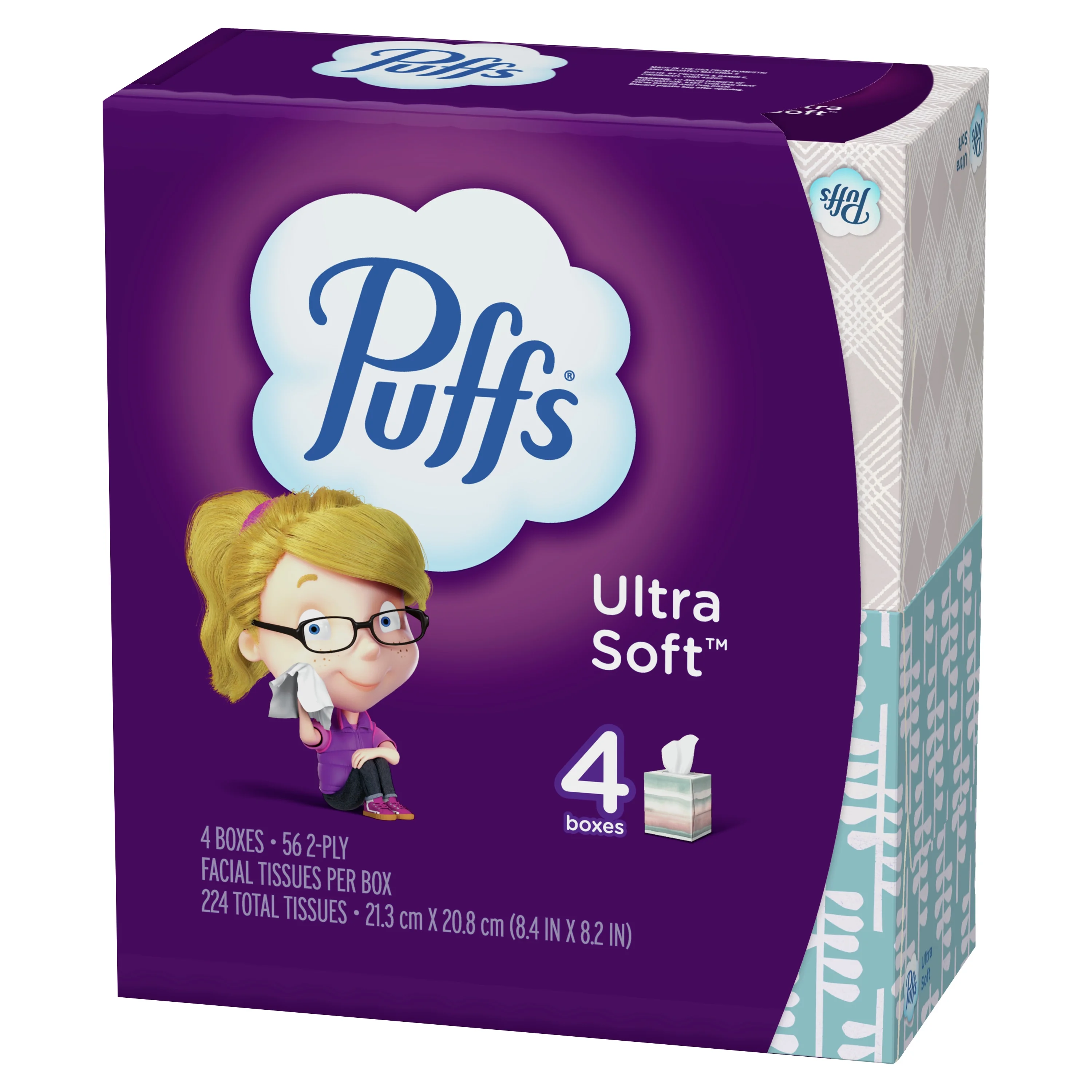 Puffs Ultra Soft Facial Tissues, Cube, 56 Facial Tissues Per Box, 4 Count