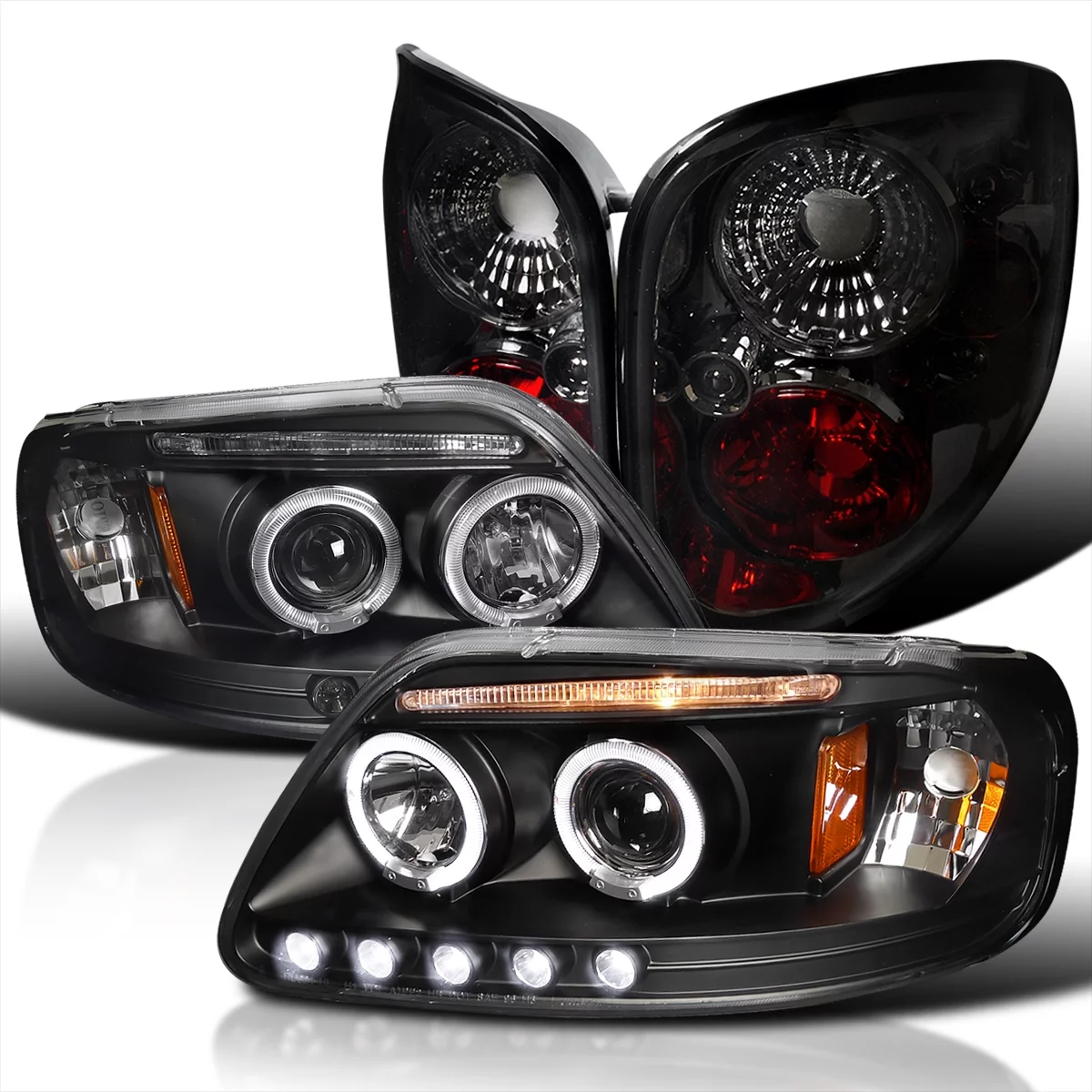 Spec-D Tuning Black Halo LED Projector Headlights1997-2000 Ford F150 Flareside Smoked Tail Lamps Compatible with Left + Right Pair Headlamps Assembly
