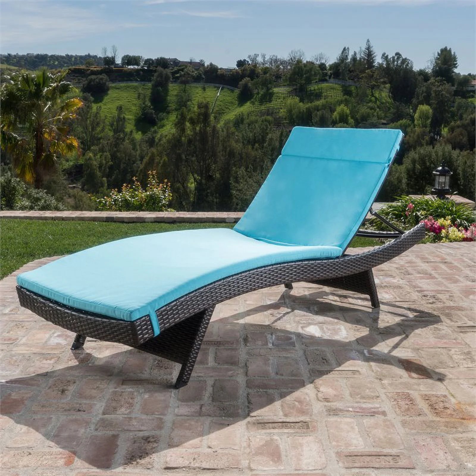 Noble House Salem Brown Wicker Adjustable Patio Lounger with Blue Cushion