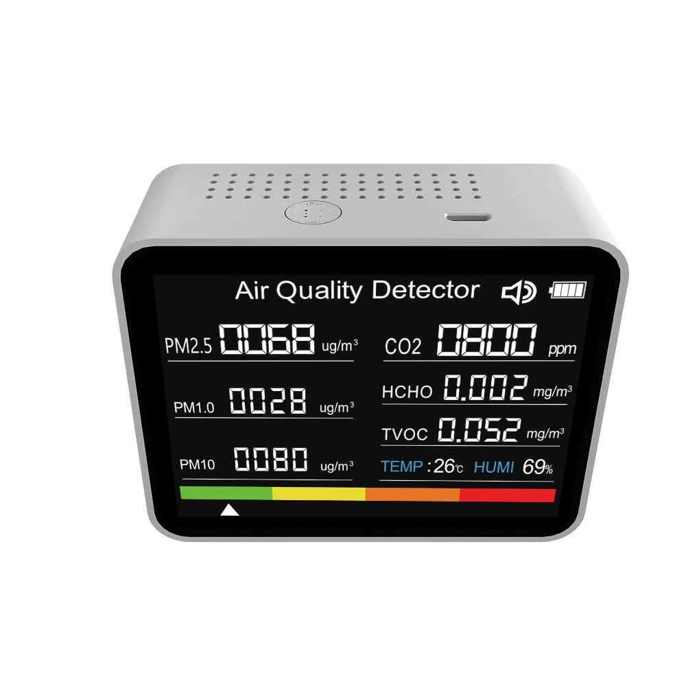 8 in 1 Air Quality Monitor CO2 Meter Carbon Dioxide Detector CO2 TVOC HCHO PM2.5 PM1.0 PM10 Temperature Humidity Detection with Alarm Function for Home Office Car