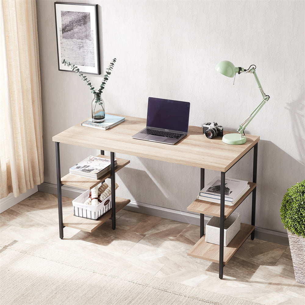 SKYLAND Computer Desk, Writing Table with Shelves on Both Sides for Home Office, Living Room (Light Grey)