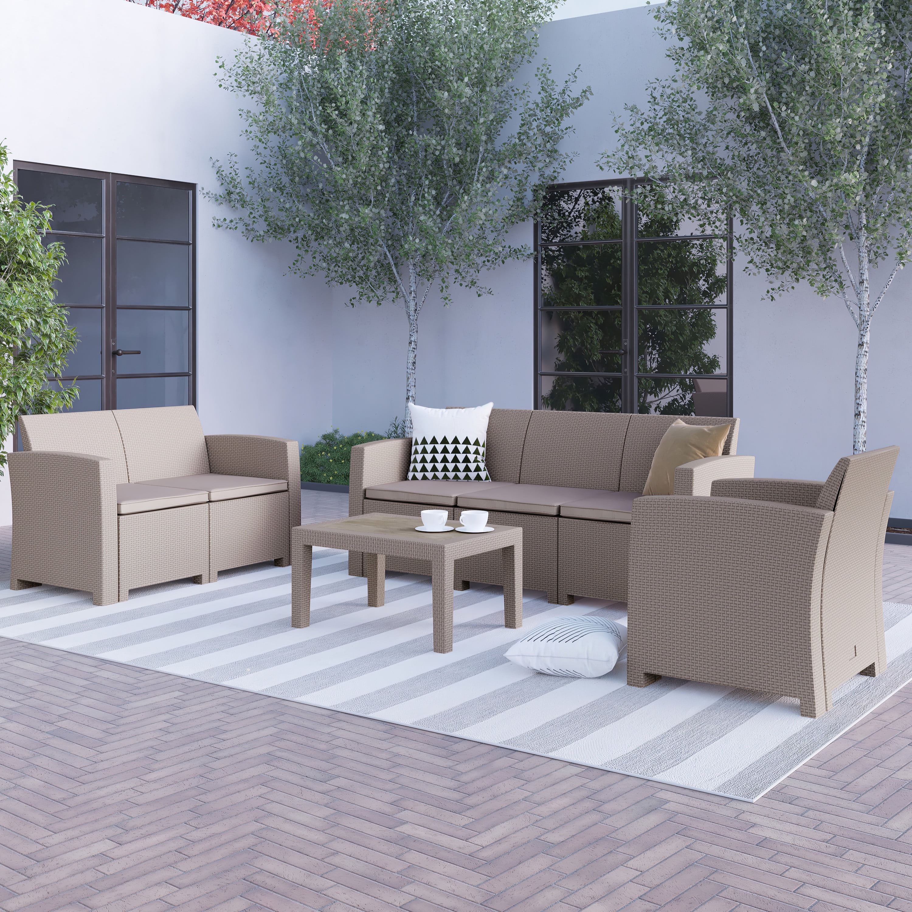 Flash Furniture Seneca 4 Piece Outdoor Faux Rattan Chair, Loveseat, Sofa and Table Set in Seneca Light Gray