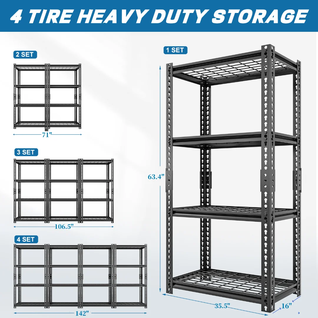 NAIZEA 4-Tier Metal Shelving Unit Storage Shelves, 63.4H*35.5W*16D, Heavy Duty Adjustable Storage Rack, 1600 lbs Load Capacity (Total), for Garage, Basement, Warehouse, Workshop
