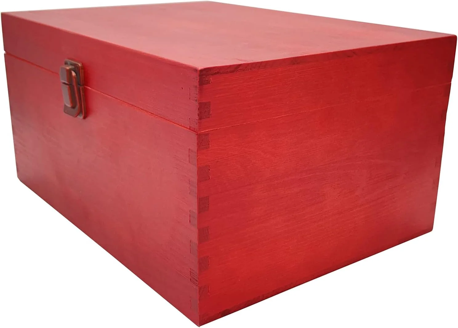 RED Large Unfinished Wood Box With Hinged Lid And Front Clasp For Arts, Crafts, Hobbies And Home Storage, 10.62