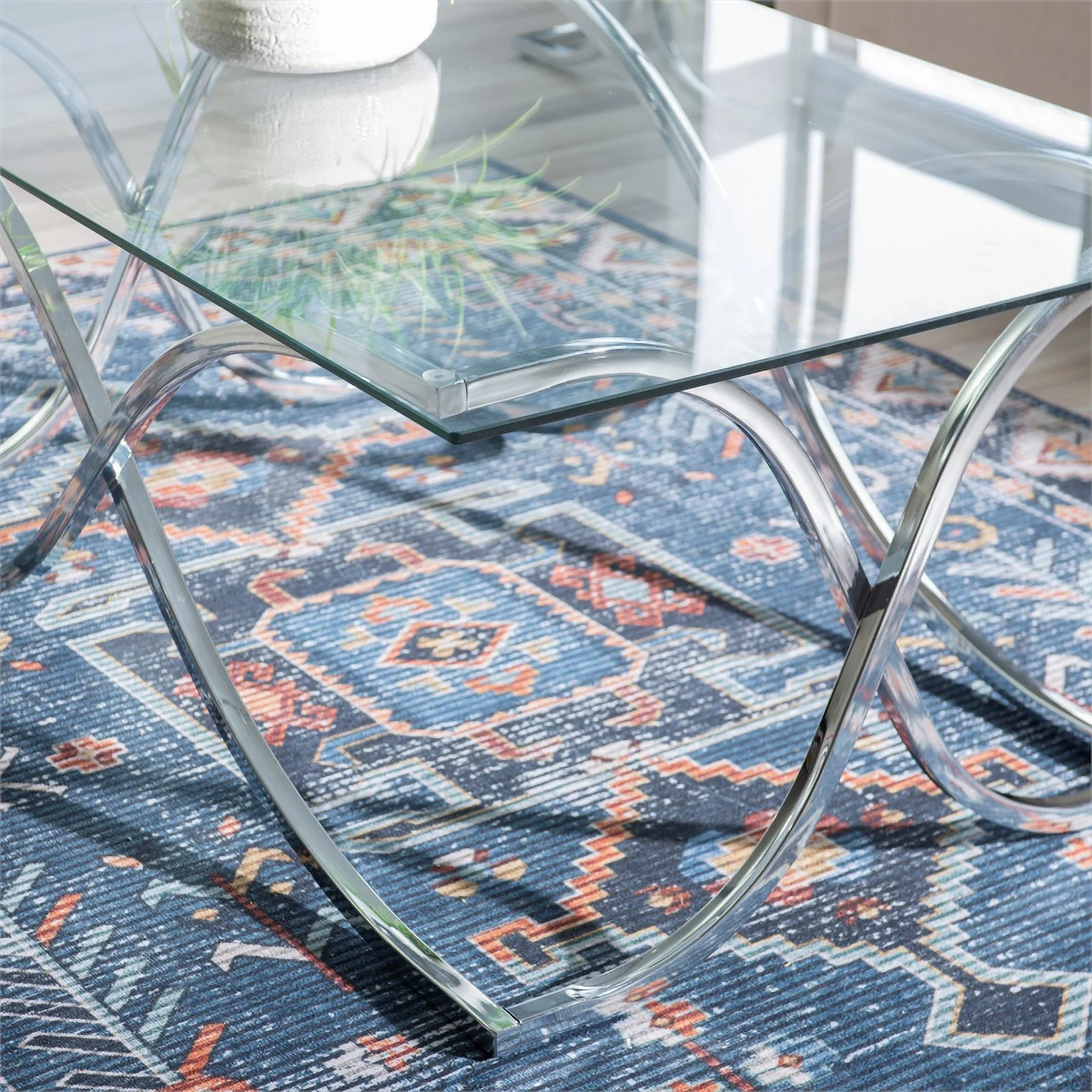 Linon Finley Glass Coffee and 2 End Table Set with Twisted Legs in Shiny Chrome