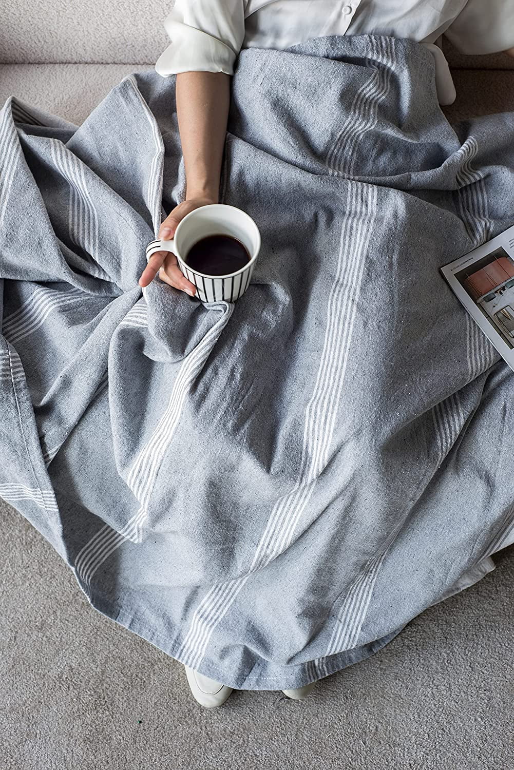 A&B Home Throw Blanket - Light Gray and White Stripe Woven Cotton Blend Blanket, 50