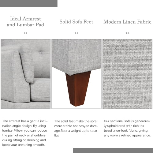 DremFaryoyo 97.2” Modern Linen Fabric Sofa  L-Shape Couch with Chaise Lounge Sectional Sofa with one Lumbar Pad Gray