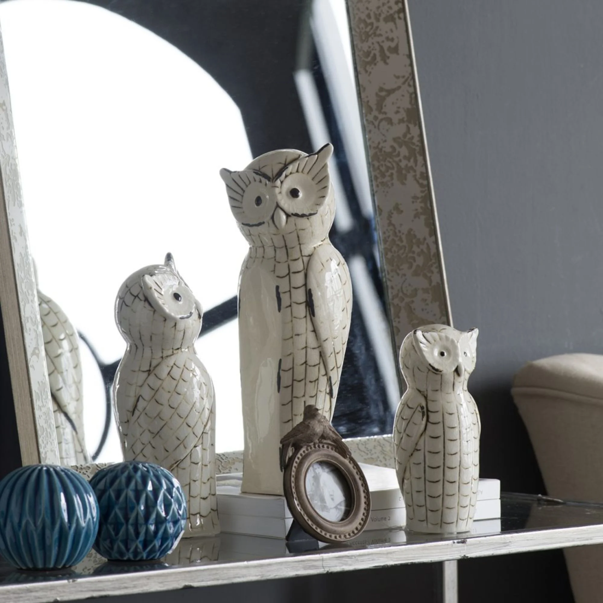 CC Home Furnishings Set of 3 White and Black Vintage Style Owl Trio Figurine Statues 14