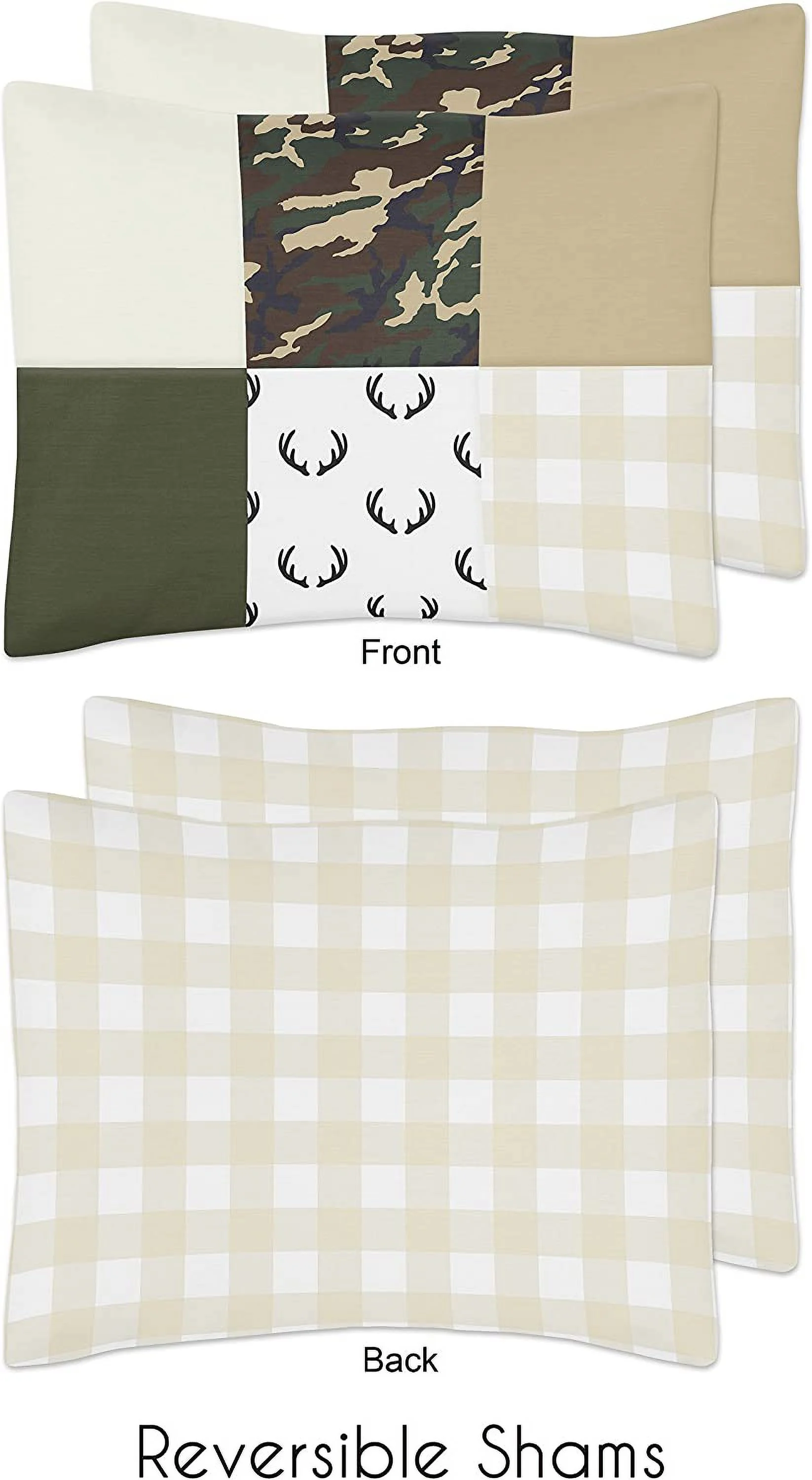 HAOFEI Green and Beige Deer Buffalo Plaid Check Woodland Camo Boy Full/Queen Teen Childrens Bedding Comforter Set - 3 Pieces - Rustic Camouflage