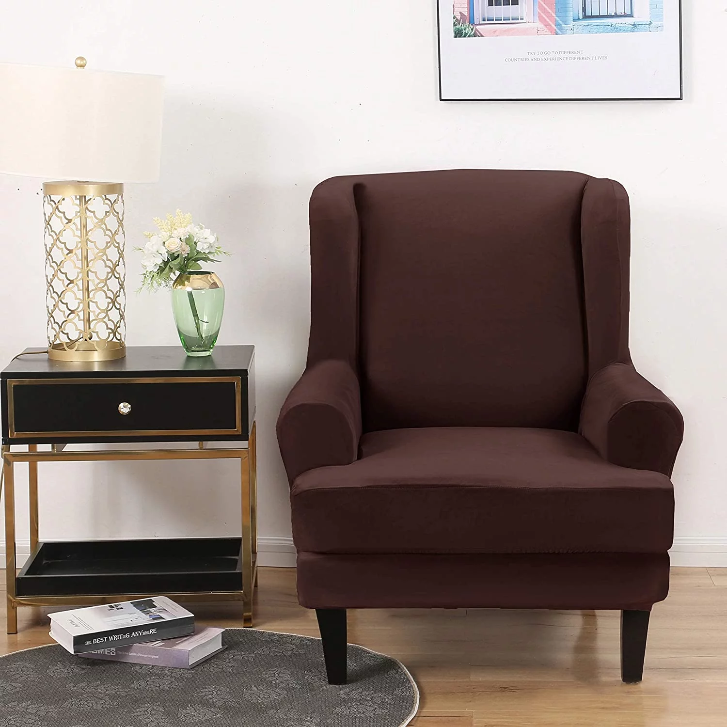 TOPCHANCES Stretch Wingback Chair Slipcover, Velvet Fabric Armchair Covers, 2-Piece Sofa Protector, Coffee