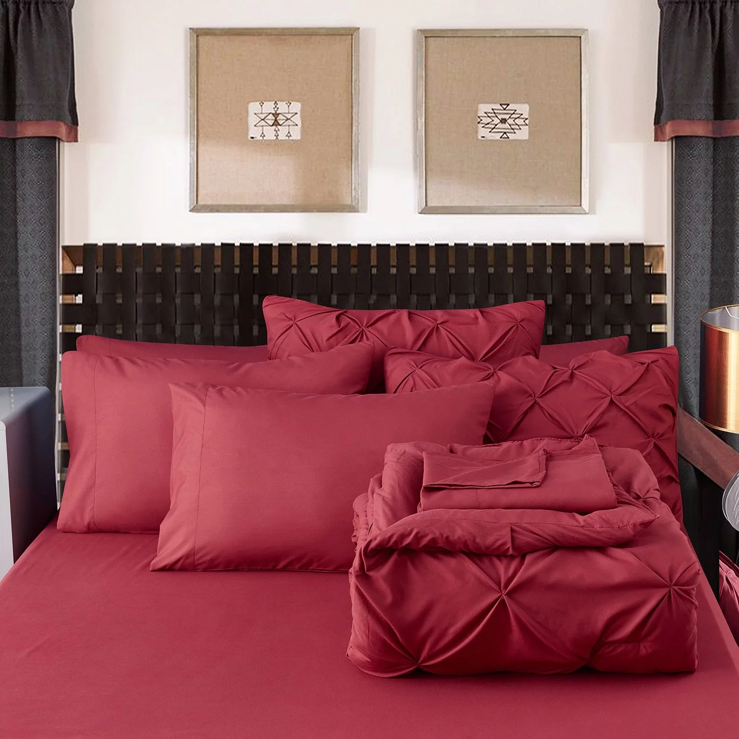 JML Burgundy Pintuck Comforter Set Pinch Pleated Bed in A Bag King