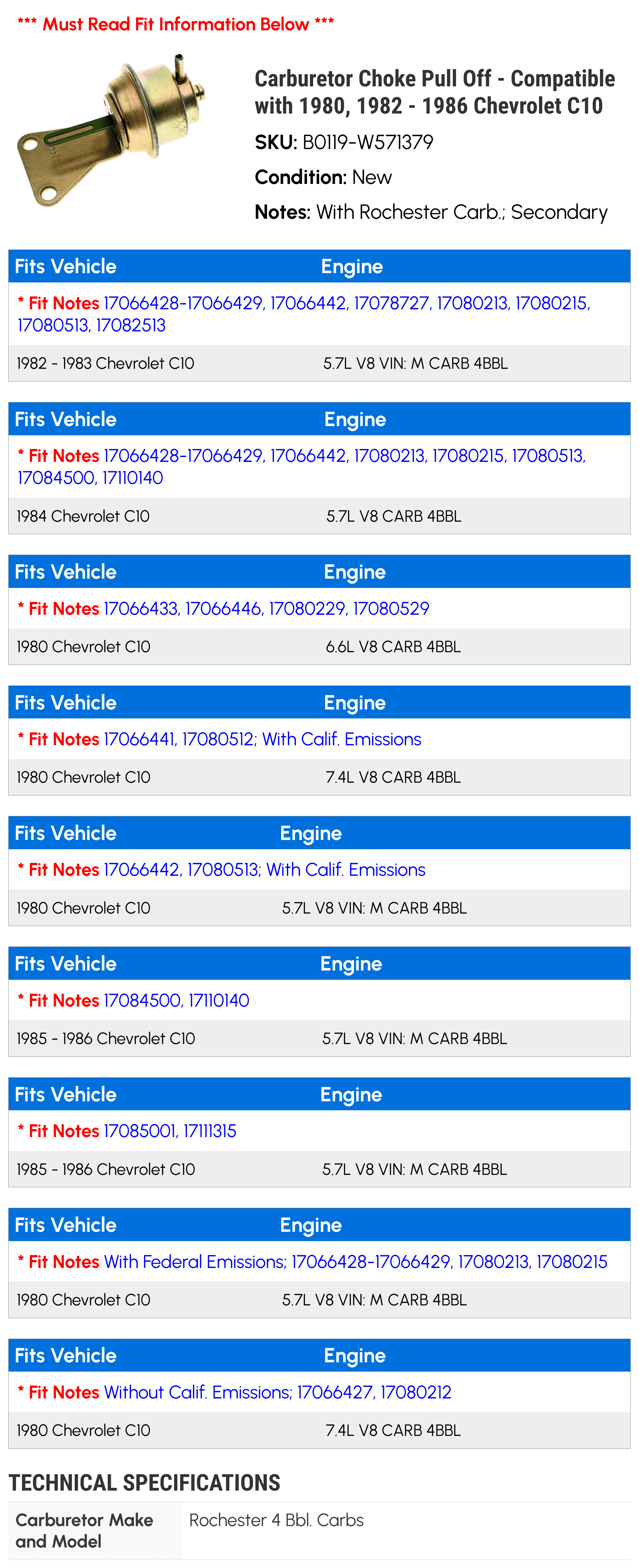 Carburetor Choke Pull Off - Compatible with 1980, 1982 - 1986 Chevy C10 1983 1984 1985