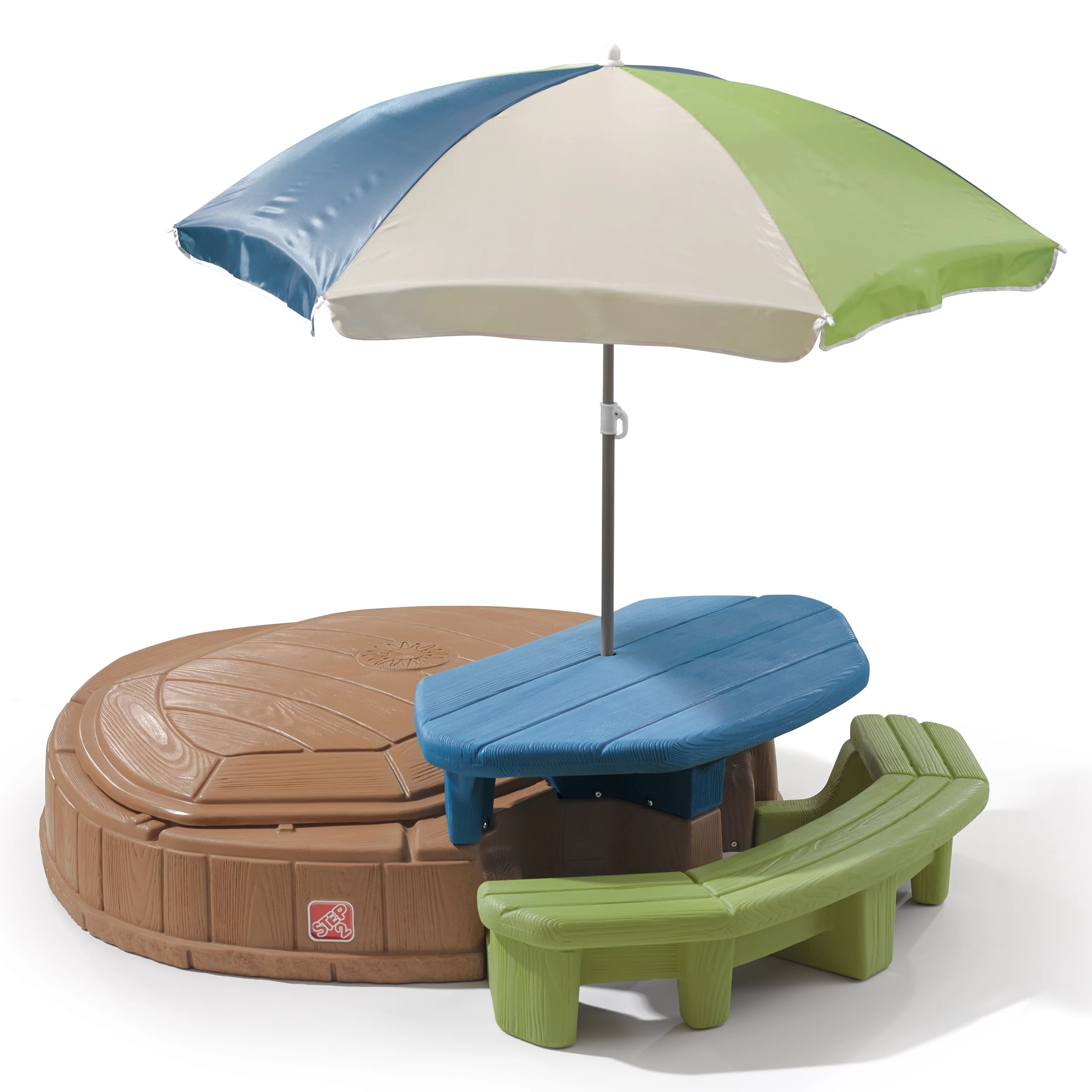 Step2 Summertime Play Center and Brown Plastic Sandbox for Kids with Cover Picnic Table and Umbrella