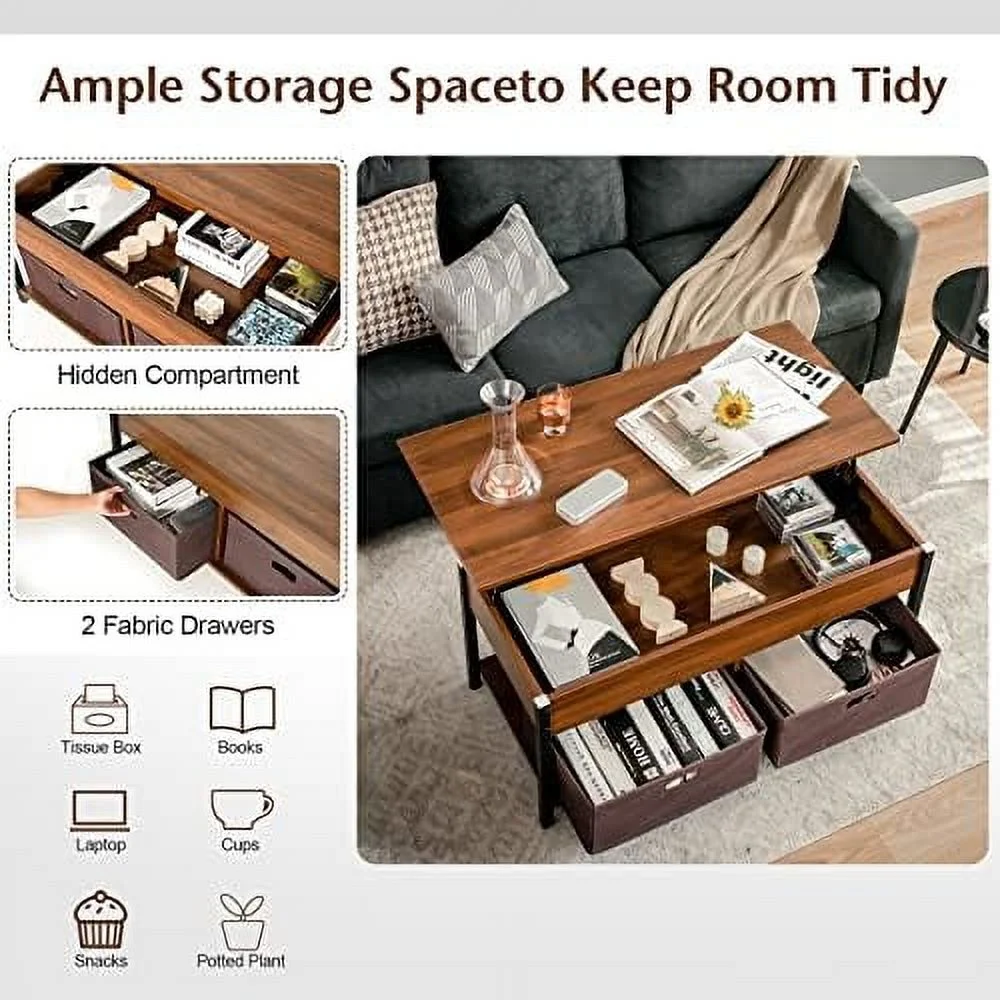 TJCGDTY Lift Top Coffee Table with Drawers  Multifunctional Pop-up Central Table with Lifting Tabletop  Concealed Compartment & 2 Folding Fabric Drawers  Home Living Room  (Rustic Bro