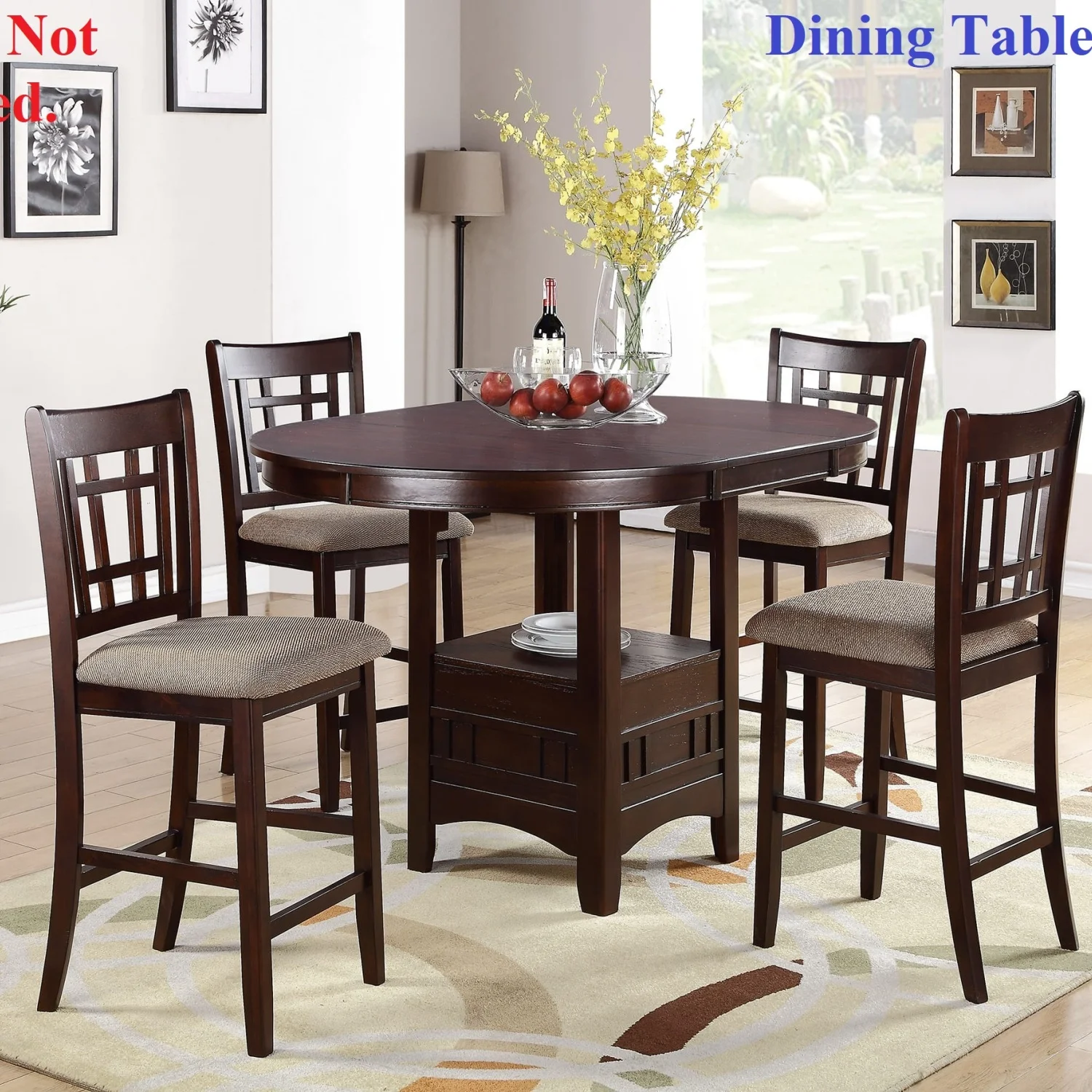 Elegant Dark Rosy Brown Solid Wood Round Counter Height Dining Table with Shelve - 1 Piece Table Only