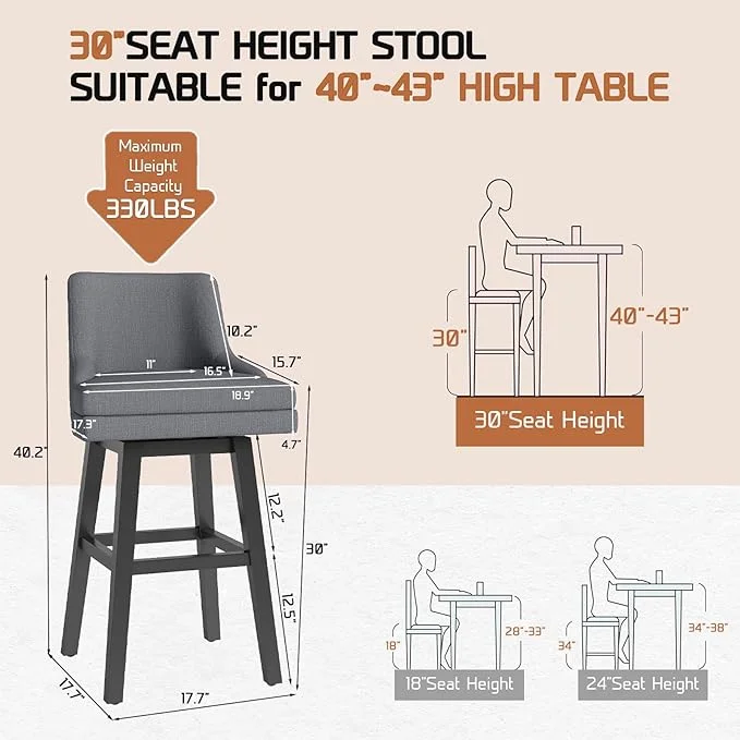 HomeZeer 30 Inch Bar Stools Set of 4, Swivel Counter Height Bar Stools with Back, Upholstered Bar stools for Kitchen Island, Solid Wood Legs Bars Chairs with Footrest for Kitchen Dining Room,Grey