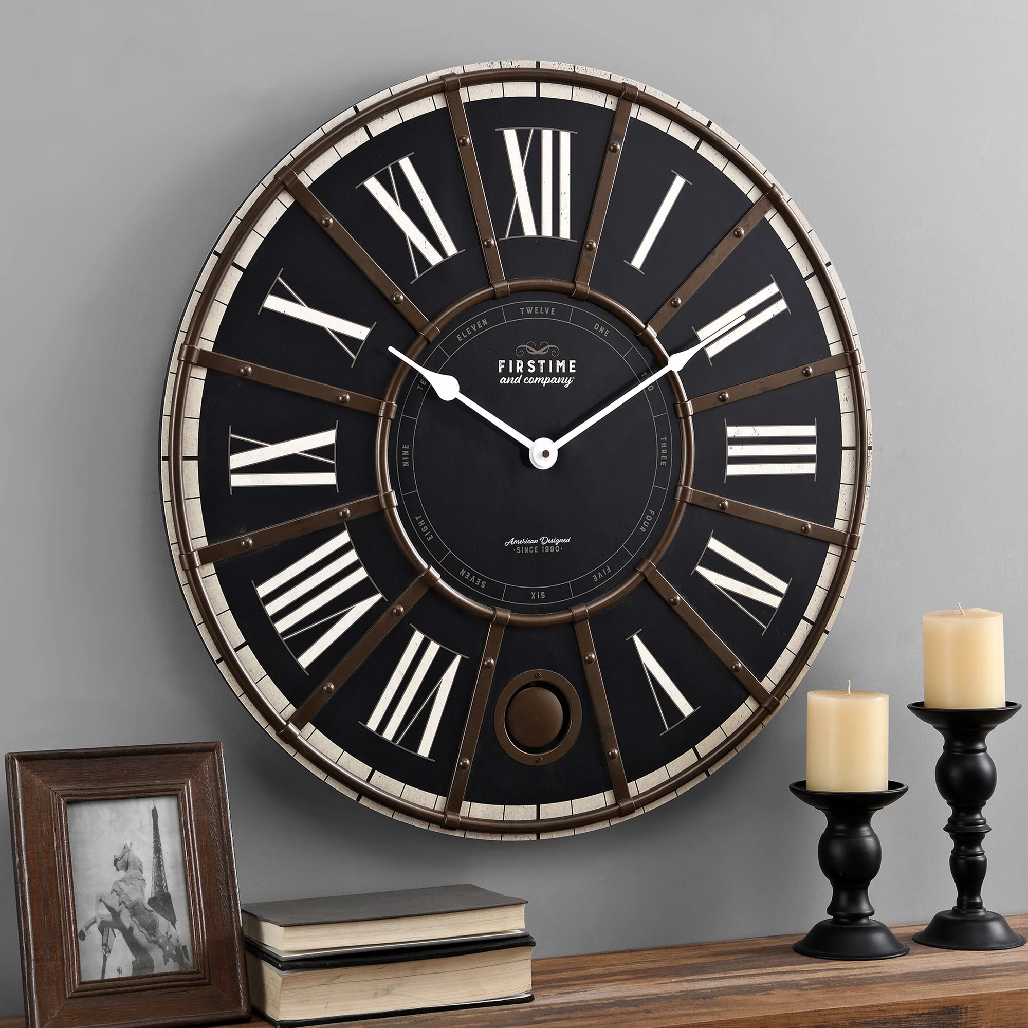 FirsTime & Co. Black Ellington Pendulum Wall Clock, Farmhouse, Analog, 27 x 2 x 27 in