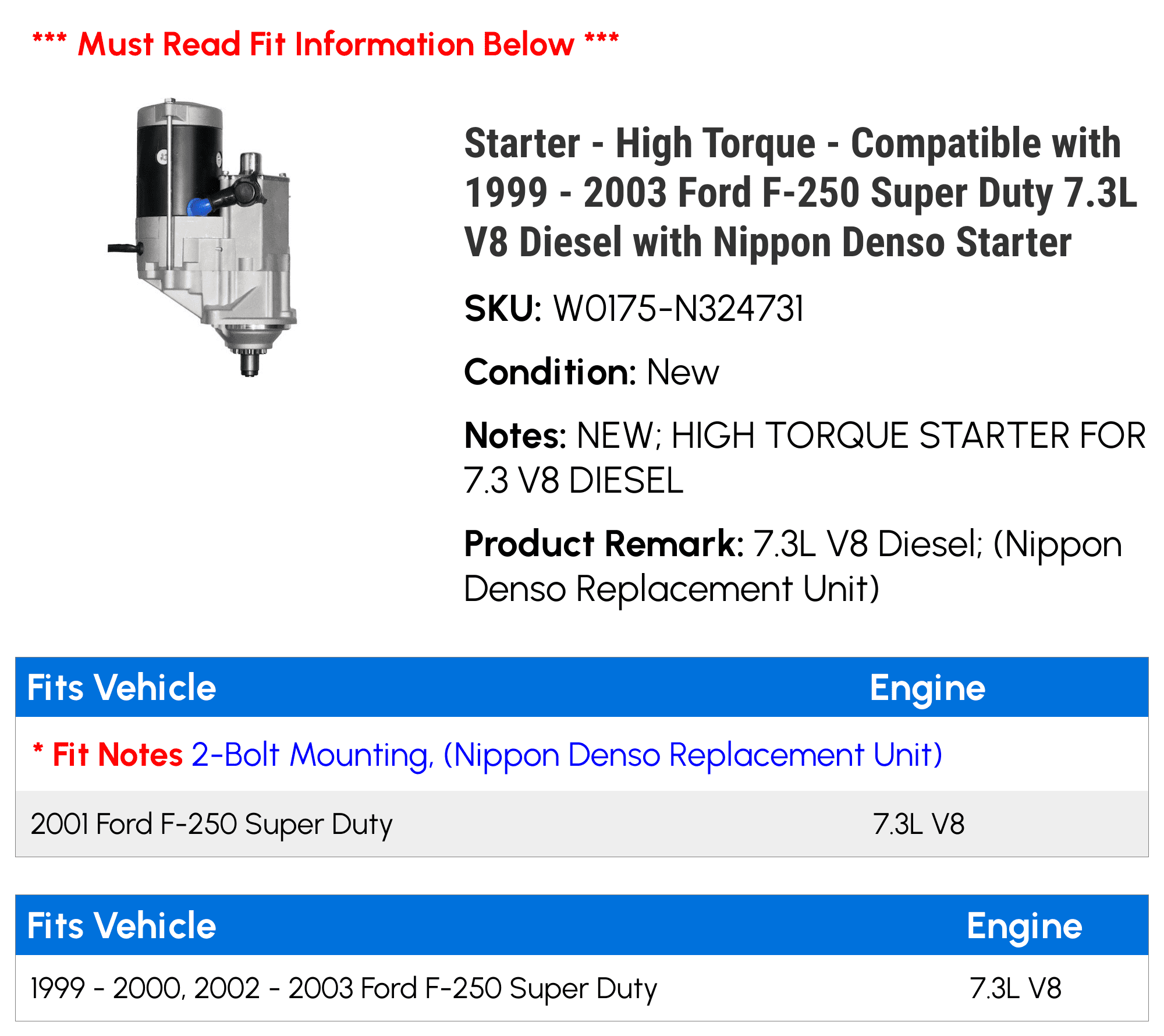 Starter - High Torque - Compatible with 1999 - 2003 Ford F-250 Super Duty 7.3L V8 Diesel with Nippon D.e.n.s.o Starter 2000 2001 2002