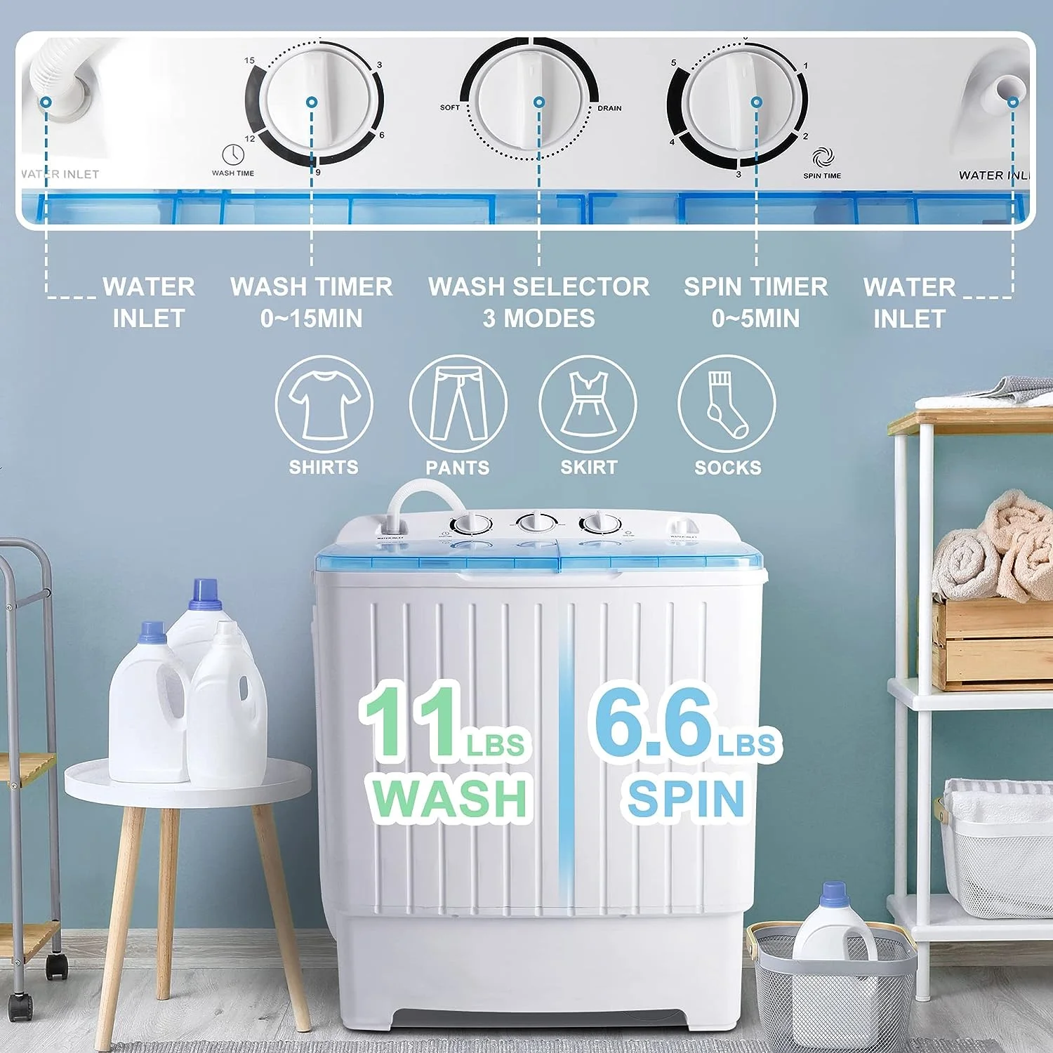 AUCHI  Portable Washing Machine 17.6 lbs Twin Tub Compact Washer, Washing and Spinner Cycle Combo for Apartment, Camping, College, Dorms and RV, Timer Control, Gravity Drain and Inlet Water Hose