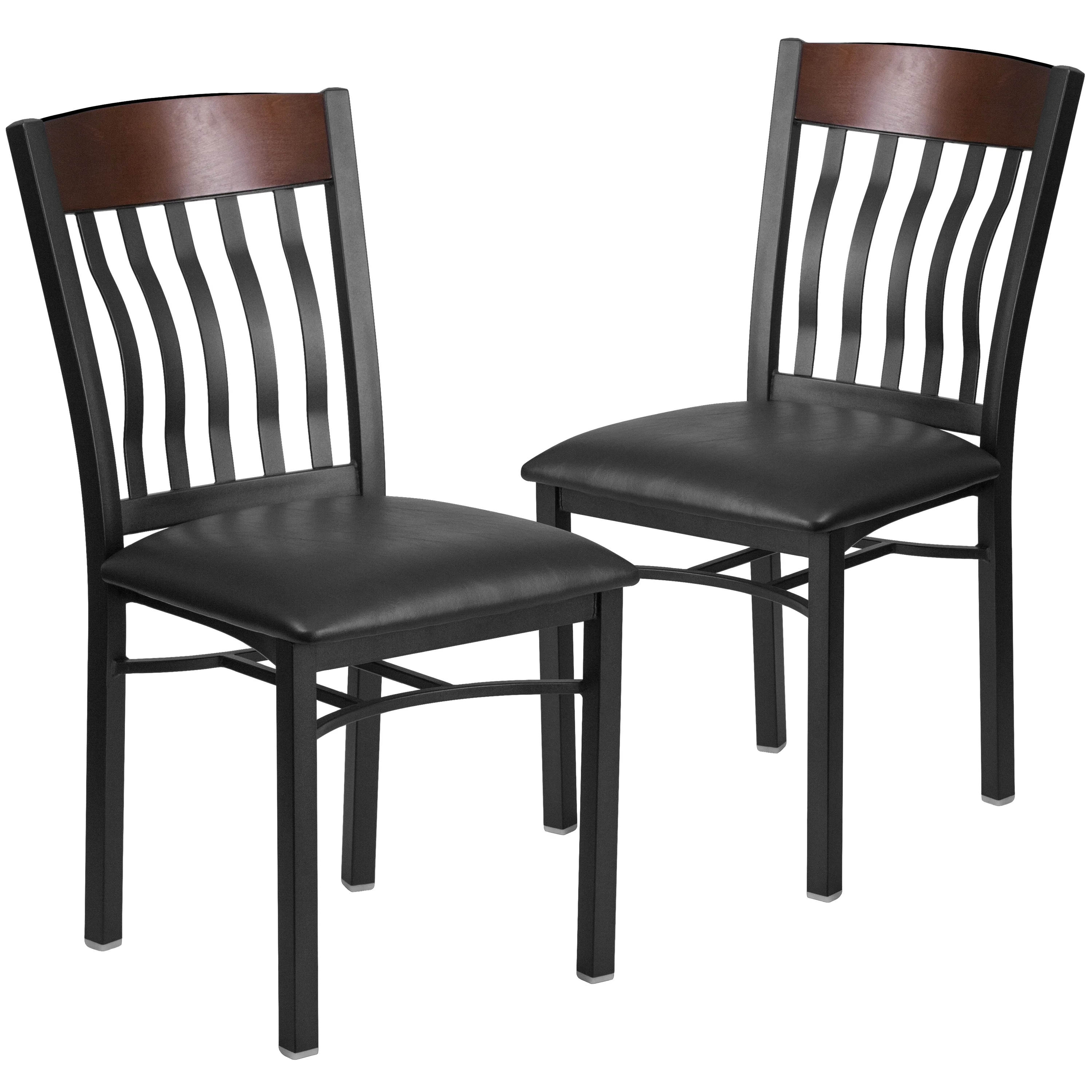 Flash Furniture 2 Pack Eclipse Series Vertical Back Black Metal and Walnut Wood Restaurant Chair with Black Vinyl Seat