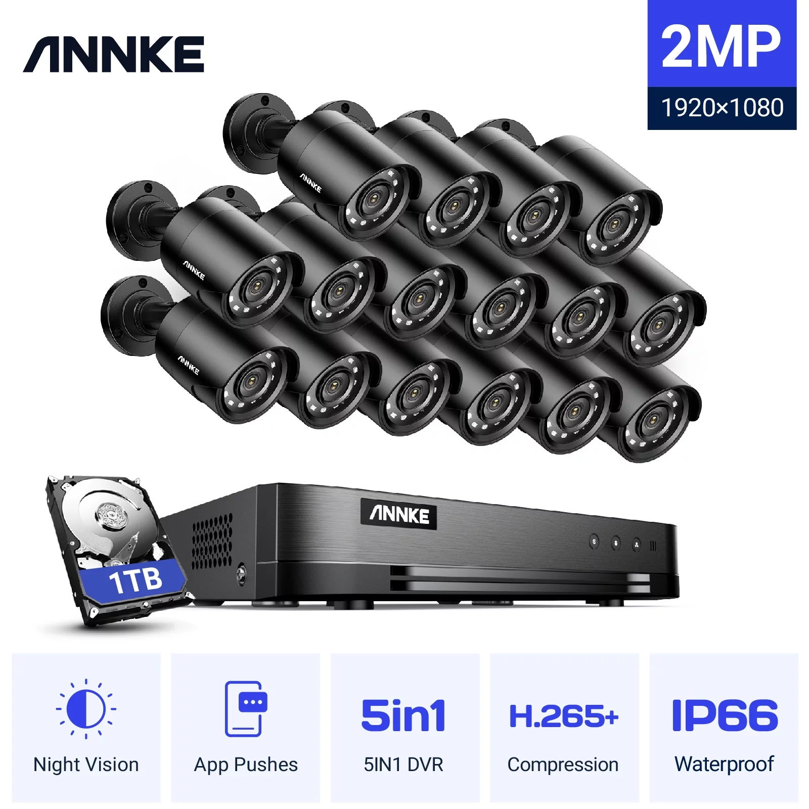 ANNKE Surveillance Camera System,16 Channel 5-in-1 DVR with 1TB Hard Drive,10pcs Wired 1080p HD Indoor Outdoor Cameras with IR Night Vision