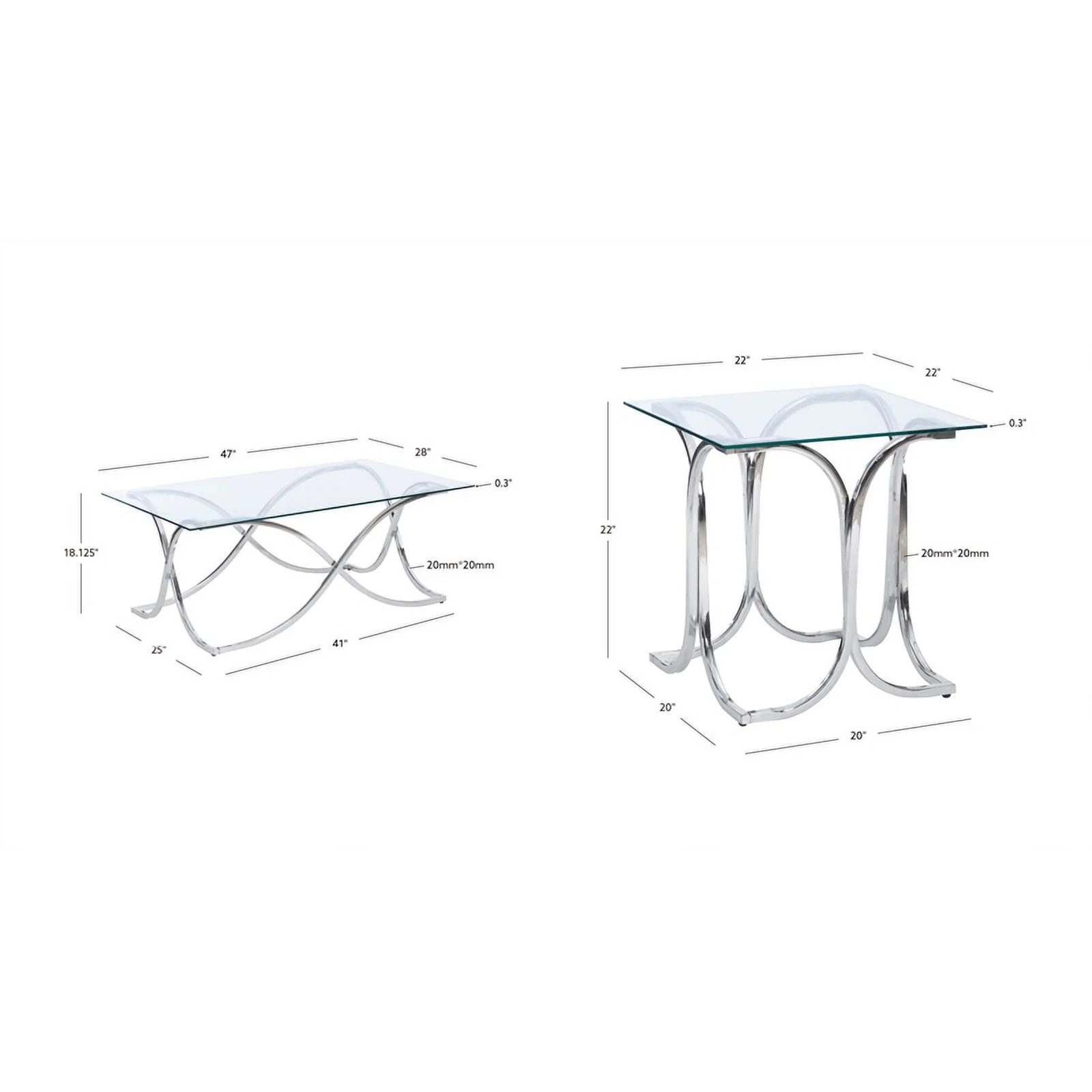 Linon Finley Glass Coffee and 2 End Table Set with Twisted Legs in Shiny Chrome