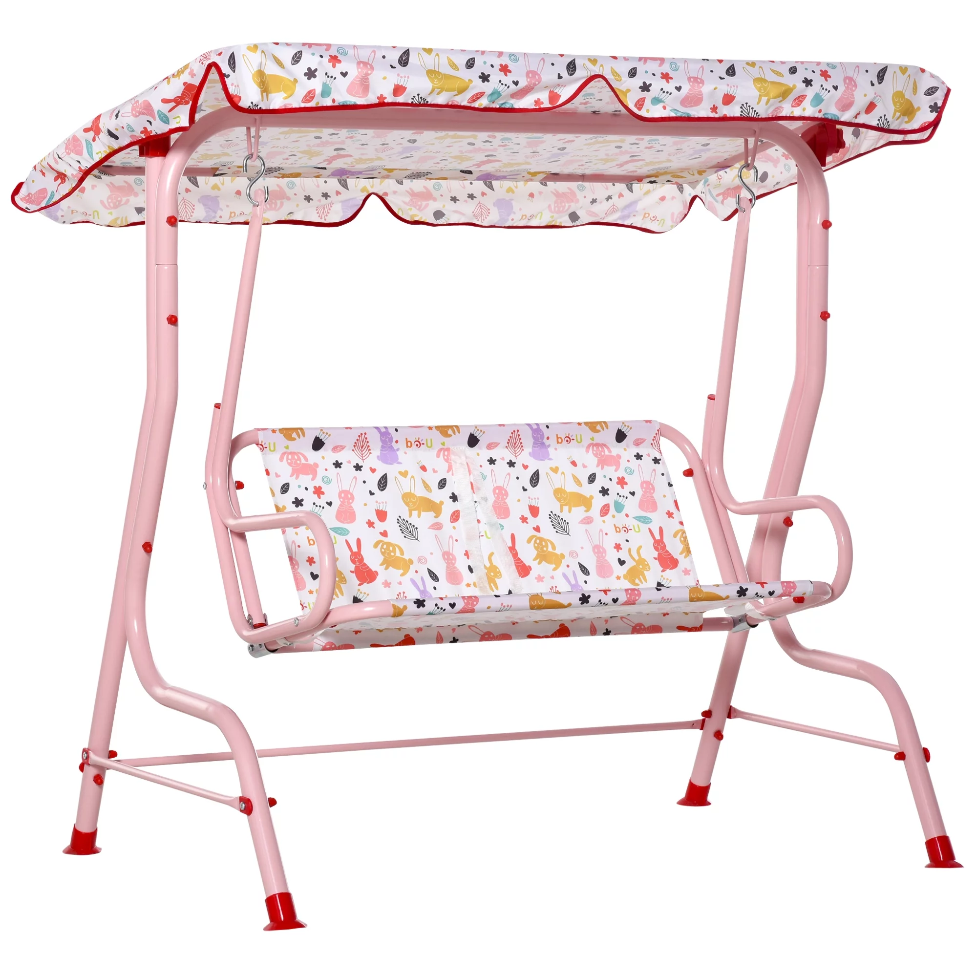 Outsunny Kids Porch Swing, Outdoor 2-Seat Patio Chair, Toddler Glider with Adjustable Canopy, Seat Belt for Garden Backyard Rabbit Pattern