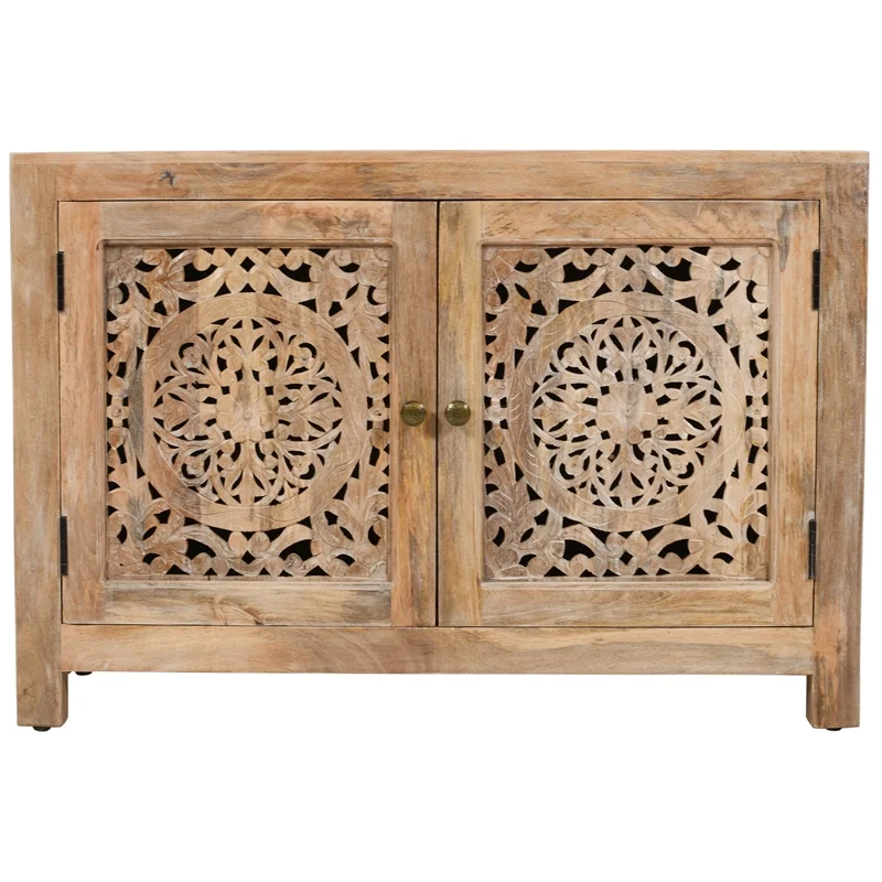 Waverly 2 Door Solid Wood Accent Cabinet with Hand-Carved Doors in Natural
