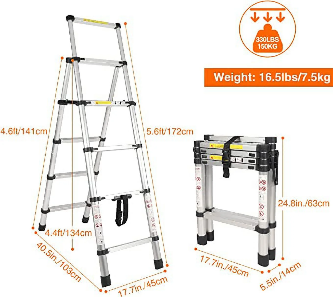 Lineslife 4+5 Telescoping Ladder 4.5 FT, Folding Aluminum Telescopic Extension Ladder for RV Home Outdoor, 330 LBS Capacity