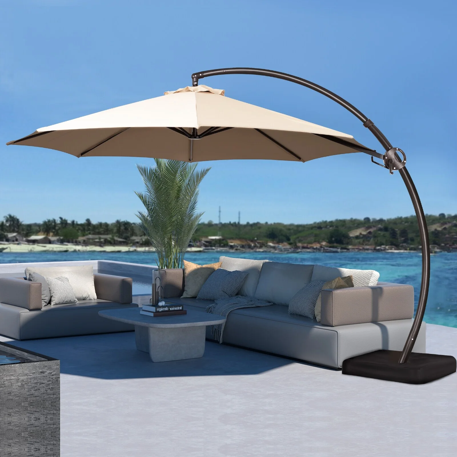 MEJO INC 10 ft.Aluminum Curvy Cantilever Offset Hanging Patio Umbrella With Sandbag Base Taupe