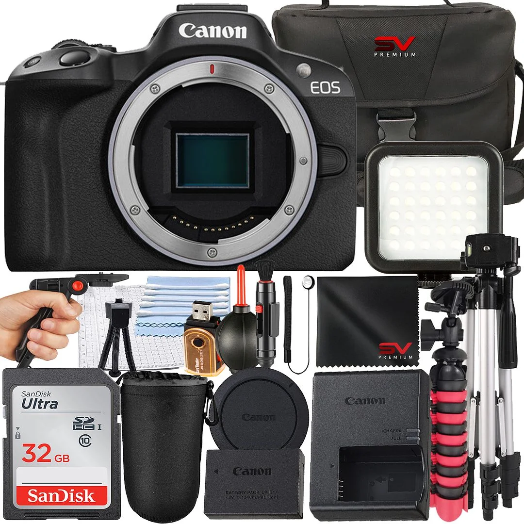 Canon EOS R50 Mirrorless Camera (Body Only) with SanDisk 32GB Memory Card + Case + Tripod + SV Premium Accessory Bundle