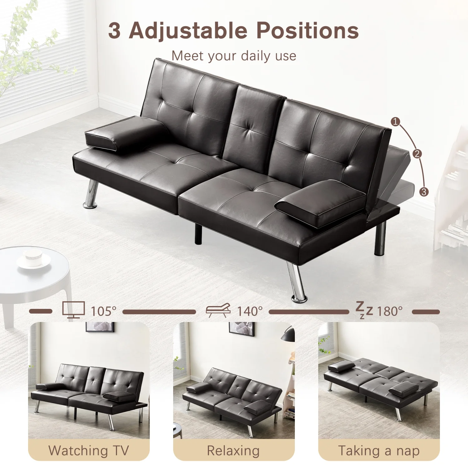 Convertible Sofa Bed Adjustable Couch Sleeper Modern Faux Leather Recliner Reversible Loveseat Folding Daybed Guest Bed  Removable Armrests  Cup Holders  3 Angles Brown.